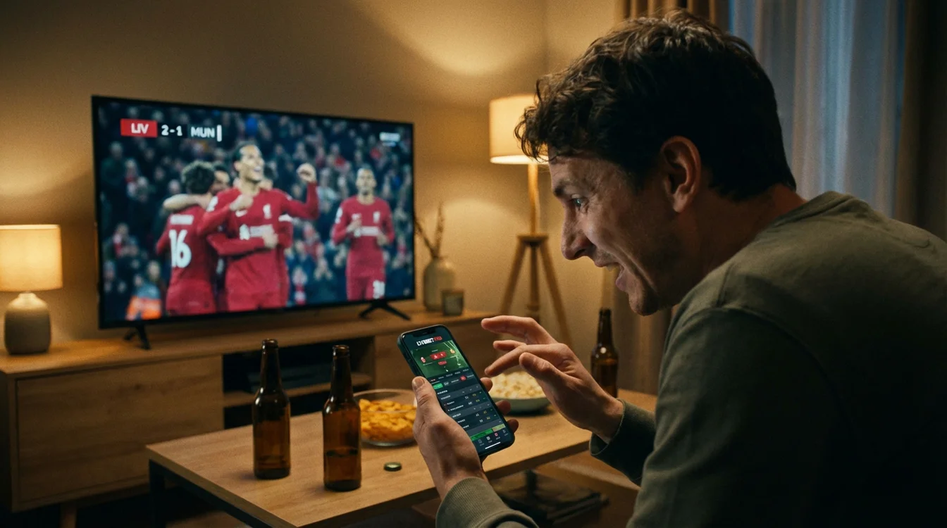 Pessoa a assistir a um jogo de futebol enquanto faz apostas ao vivo no smartphone