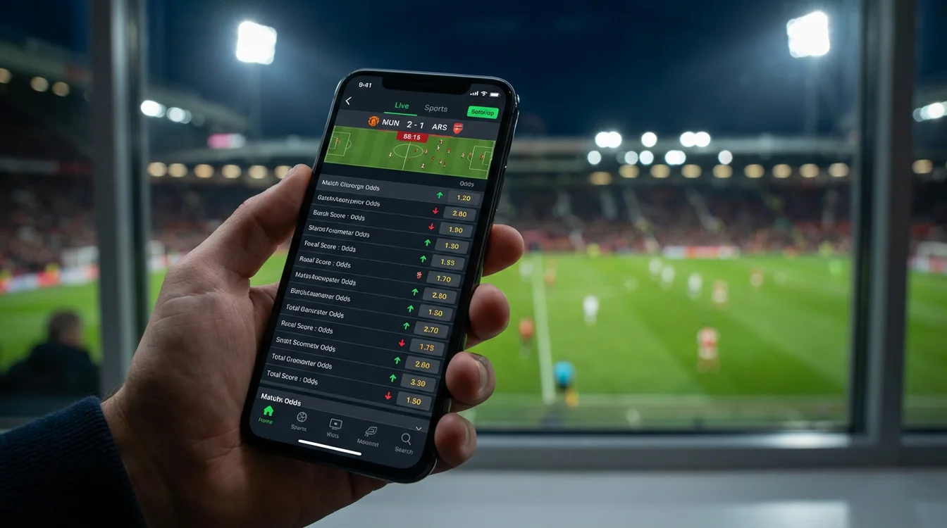 Ecrã de aplicação mostrando odds ao vivo a flutuar durante um jogo de futebol