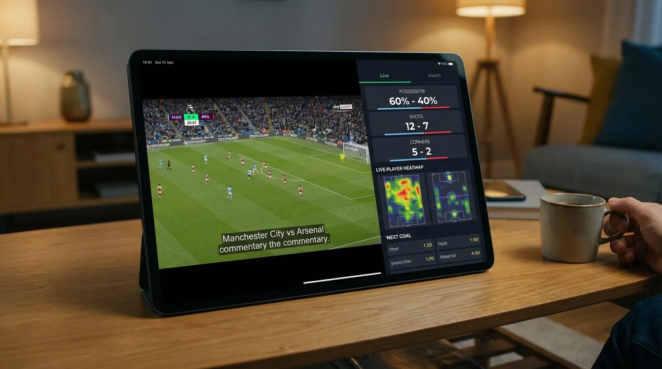 Tablet mostrando transmissão ao vivo de jogo de futebol com estatísticas em tempo real