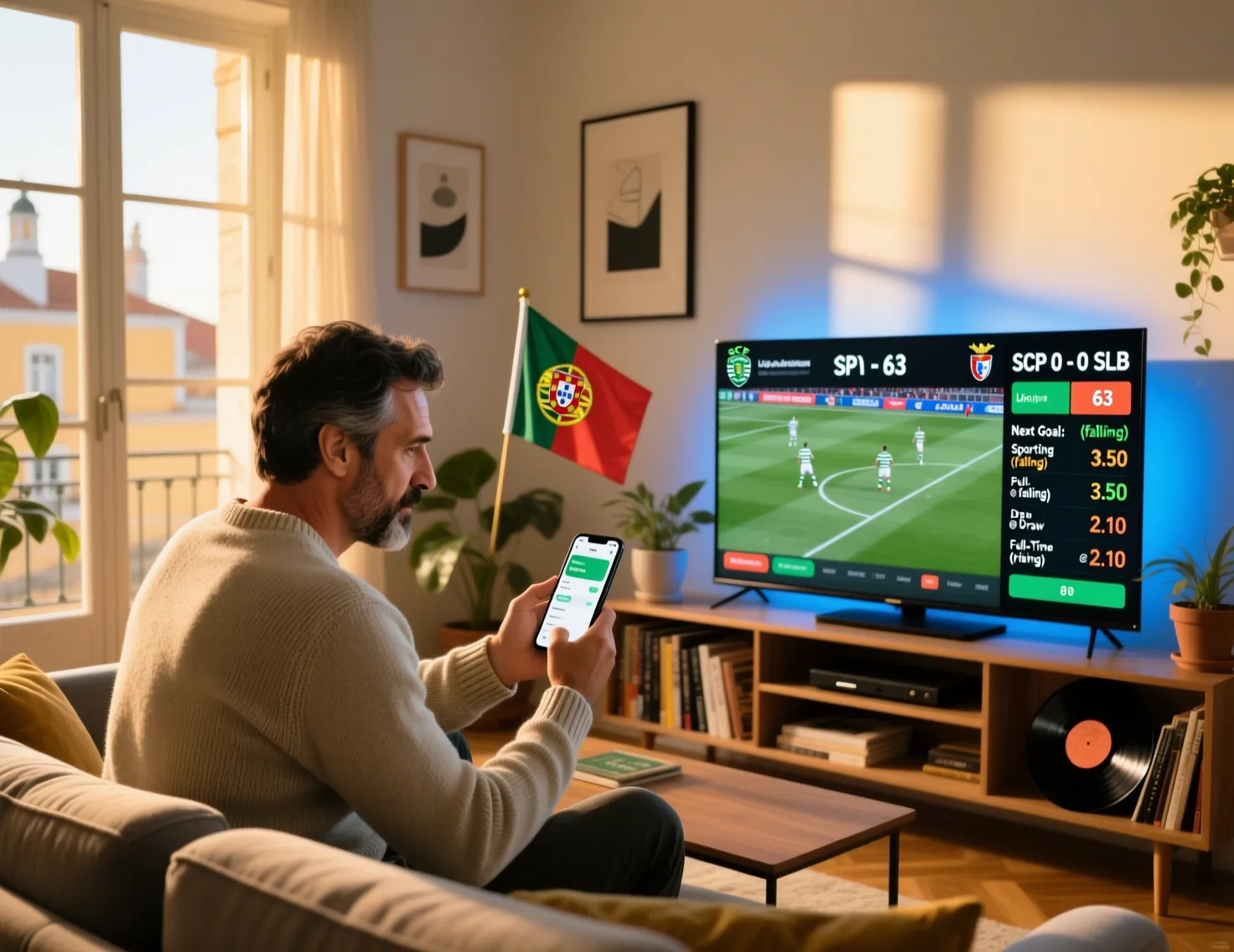 Pessoa a ver jogo de futebol na televisão enquanto faz apostas ao vivo no smartphone