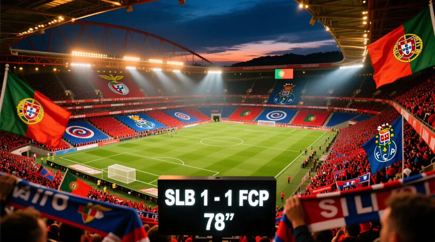 Estádio lotado de torcedores com bandeiras, cadeiras vibrantes em vermelho e azul, refletores acesos, um placar exibindo SLB 1 - 1 FCP e um céu ao pôr do sol ao fundo.