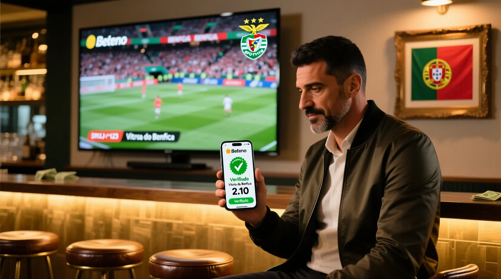 Homem sentado em um bar segurando um smartphone que exibe a tela de verificação de um aplicativo de apostas, com um jogo de futebol passando na TV ao fundo e a bandeira de Portugal na parede.