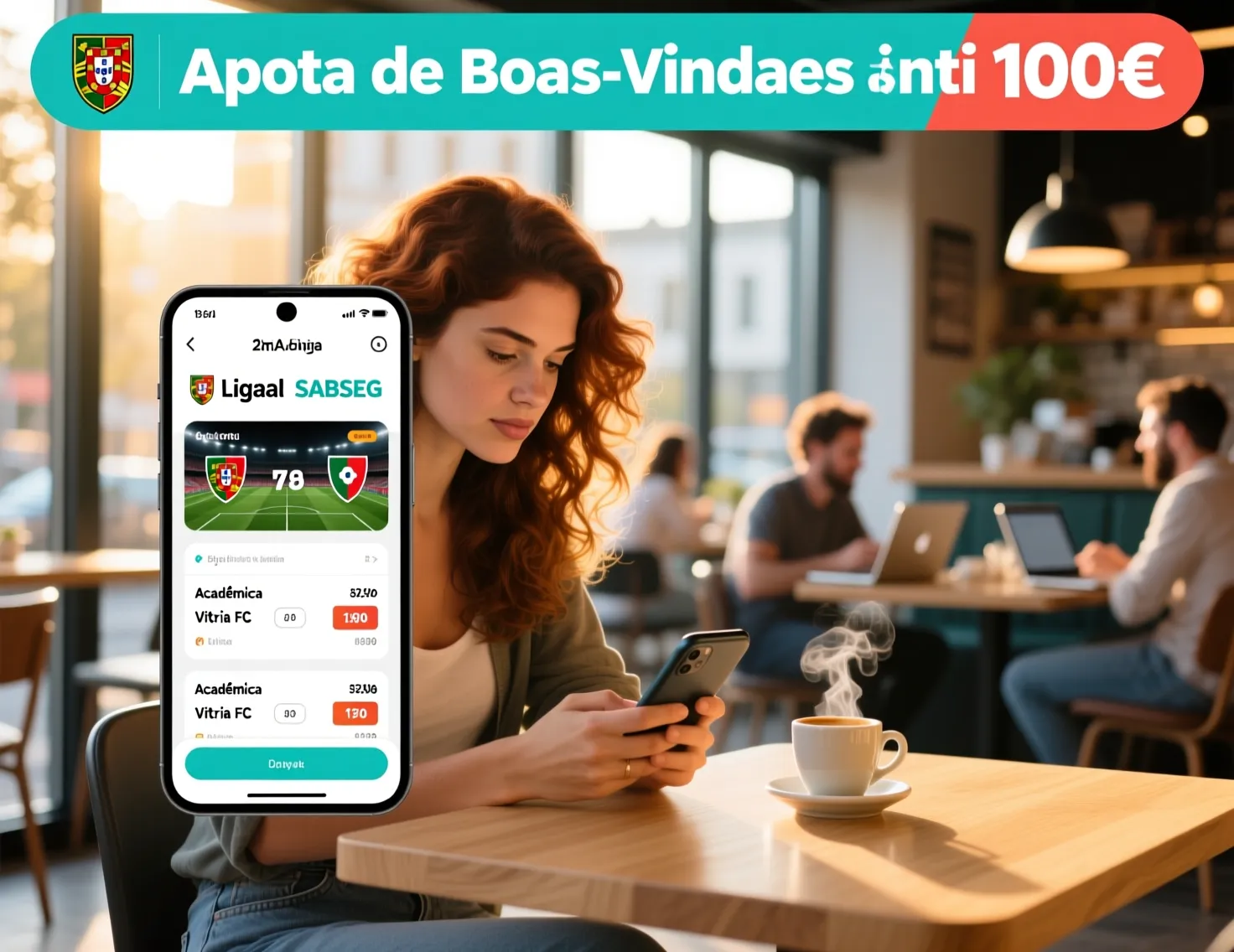 Jovem mulher portuguesa a usar aplicação de apostas no smartphone num café moderno com luz natural