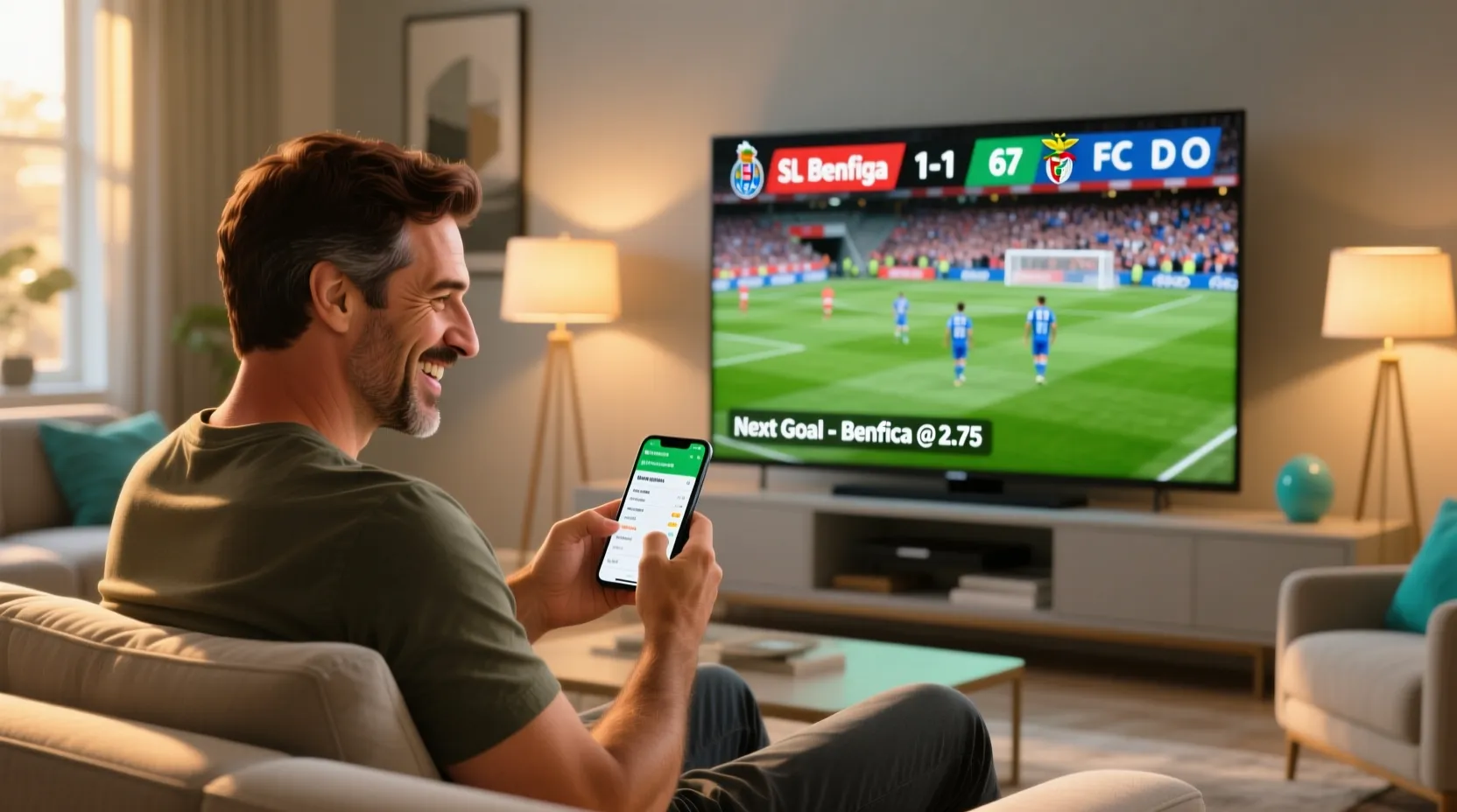 Homem português a ver futebol na televisão enquanto usa o smartphone para apostas online numa sala de estar moderna