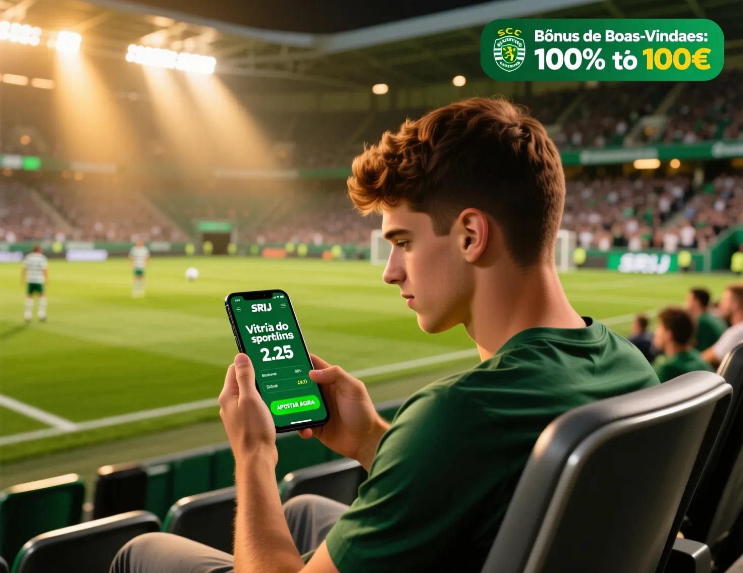 Um jovem sentado em um estádio esportivo, segurando um smartphone que exibe as probabilidades de apostas esportivas, com uma multidão vibrante e um campo de futebol iluminado ao fundo. A atmosfera é energética e focada no evento esportivo.