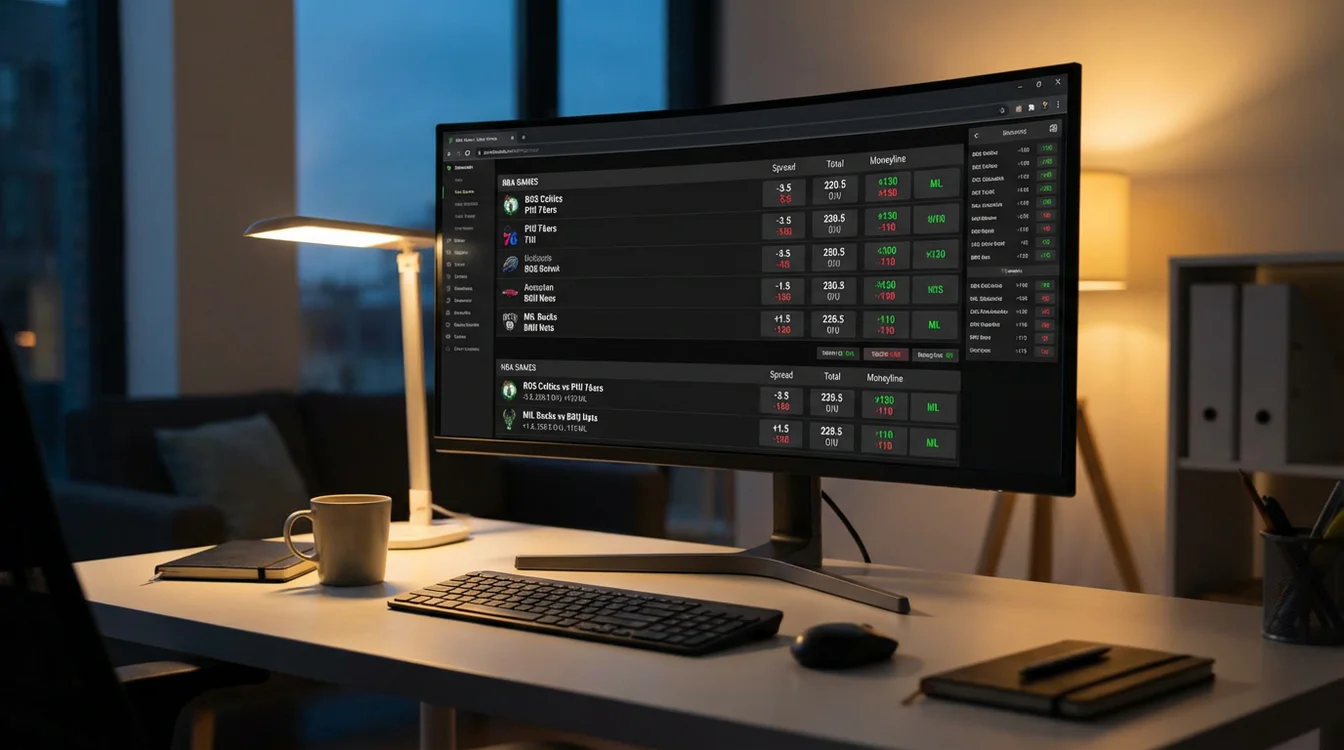 Ecrã de computador mostrando odds e mercados de apostas para jogos de basquetebol