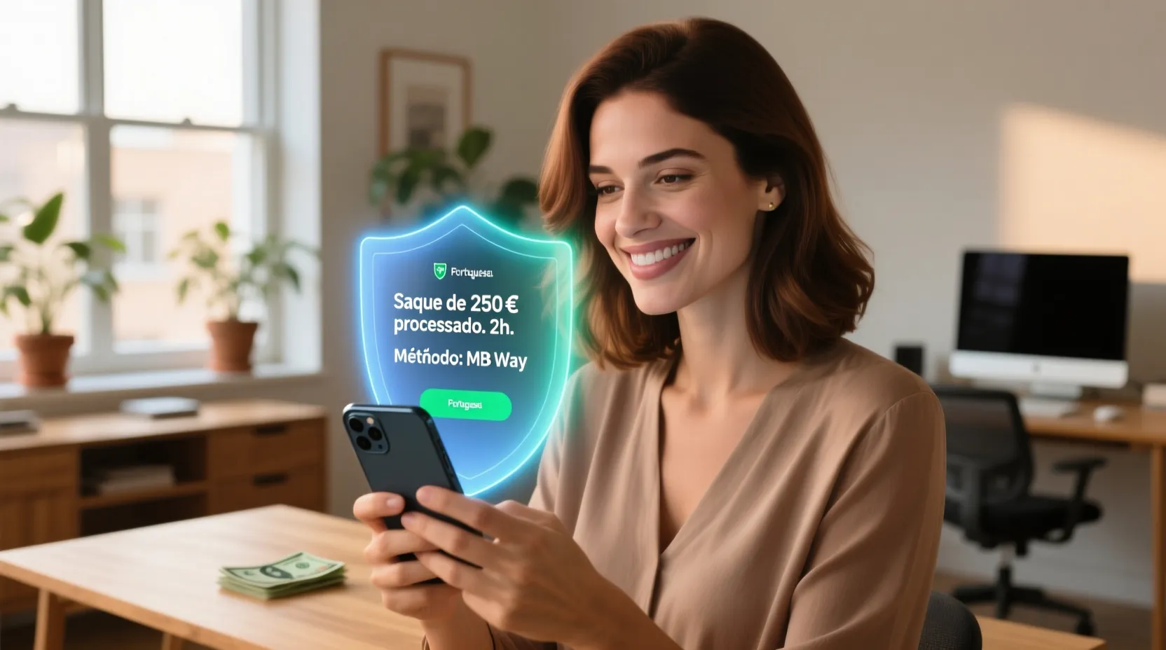 Mulher satisfeita a usar smartphone com proteção de segurança digital