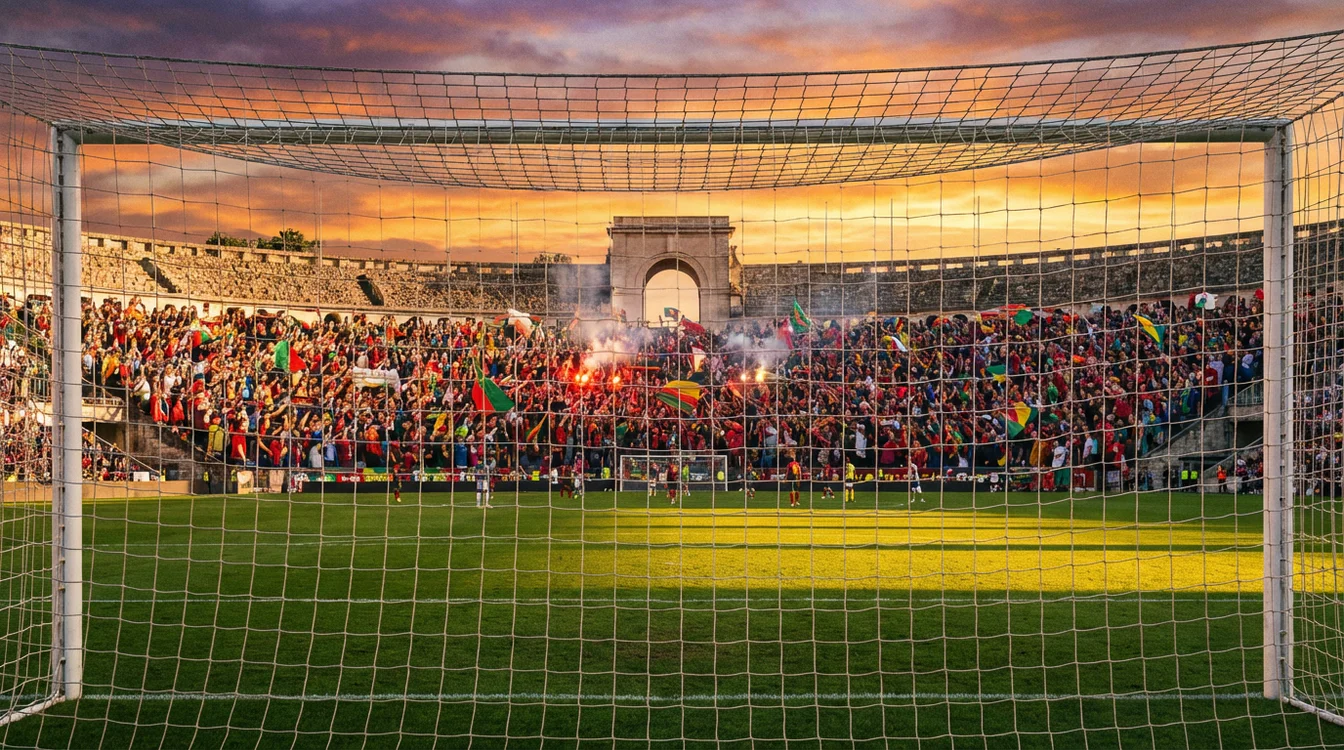 Estádio de futebol português ao entardecer com bancadas cheias de adeptos