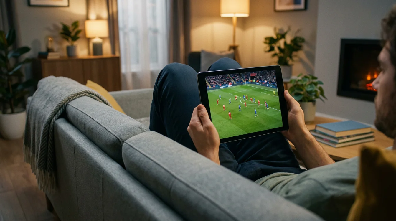 Pessoa a assistir a um jogo de futebol num tablet enquanto está sentada no sofá