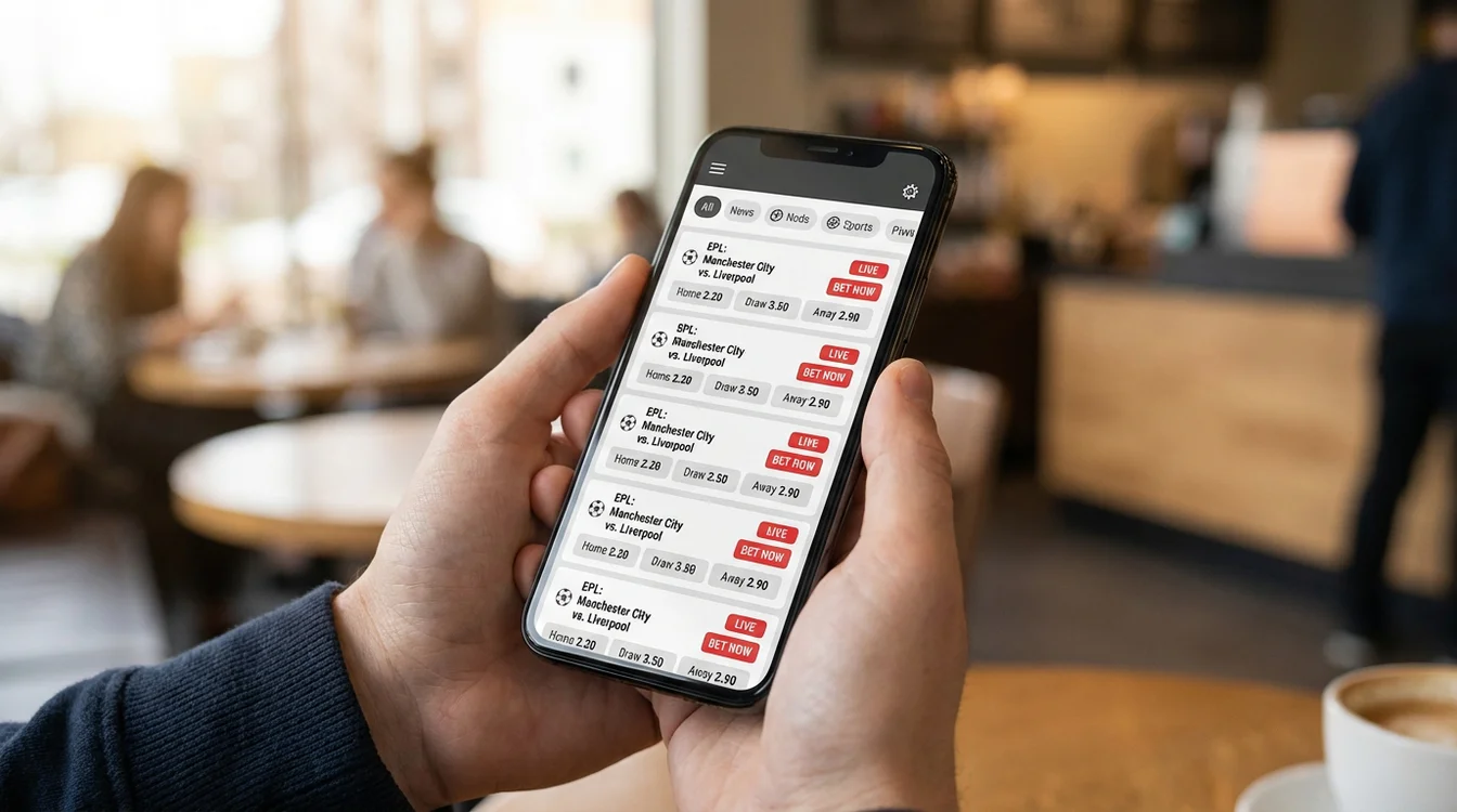 Mãos a segurar um smartphone com uma aplicação de apostas desportivas aberta