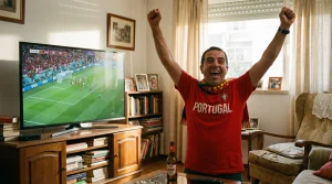 Adepto português a celebrar numa sala de estar enquanto assiste a um jogo de futebol na televisão