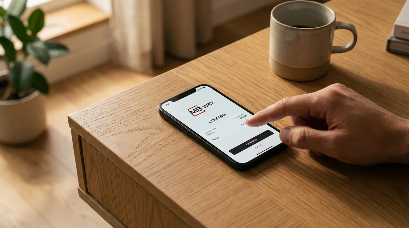 Pessoa a usar MB Way no smartphone para fazer um pagamento digital