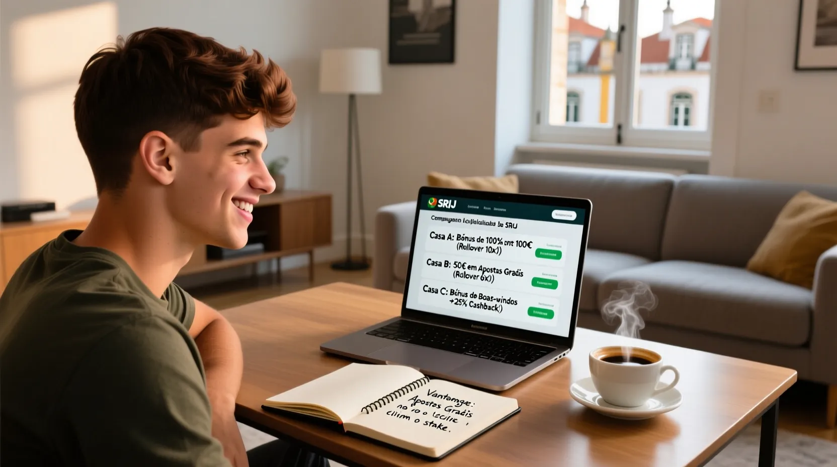 Um jovem de cabelos castanhos sorri enquanto está sentado a uma mesa de madeira, usando um laptop que exibe uma página da web com várias opções. Uma xícara de café e um caderno aberto com anotações manuscritas também estão sobre a mesa, iluminados pela luz natural que entra por uma janela próxima.
