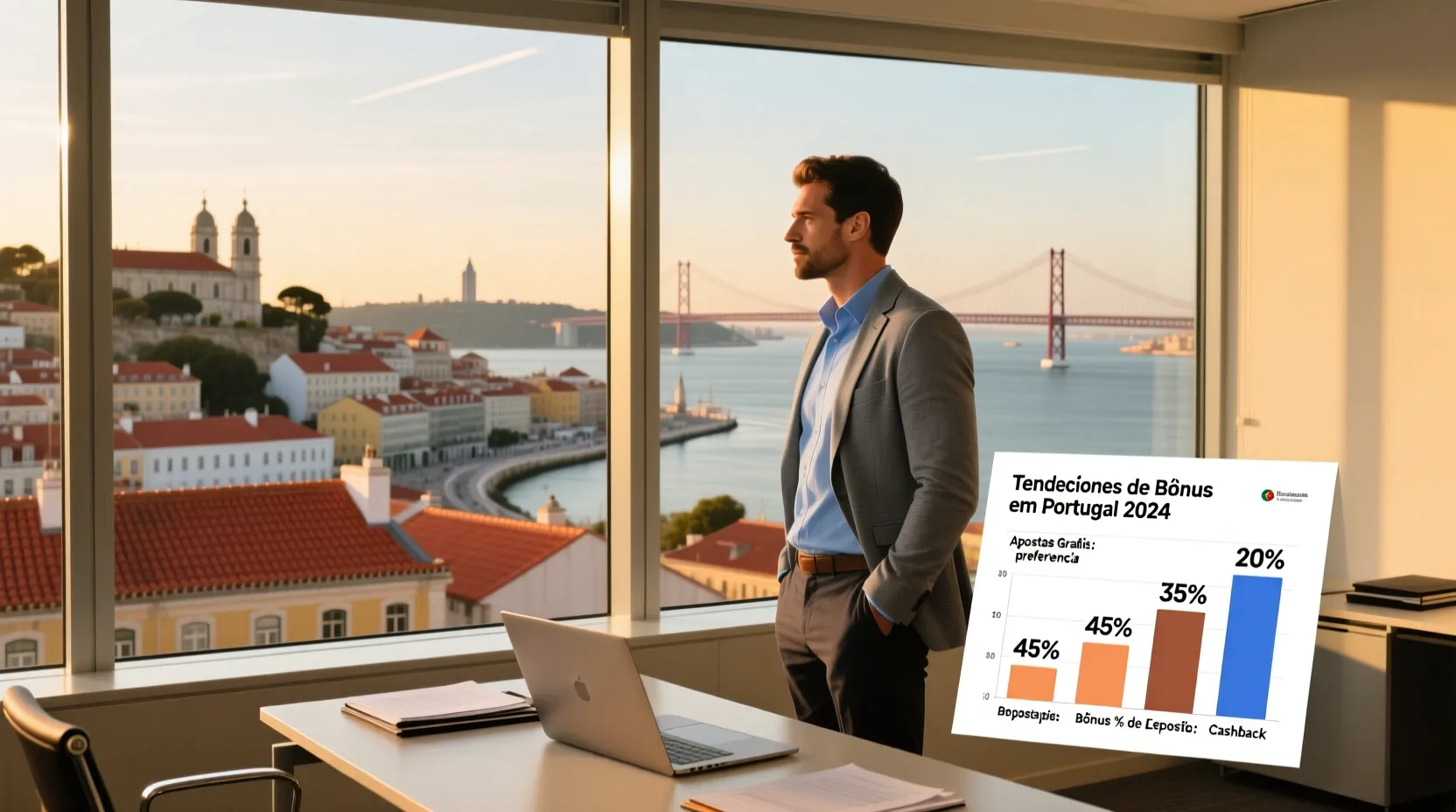 Vista panorâmica de Lisboa com profissional a analisar o mercado português