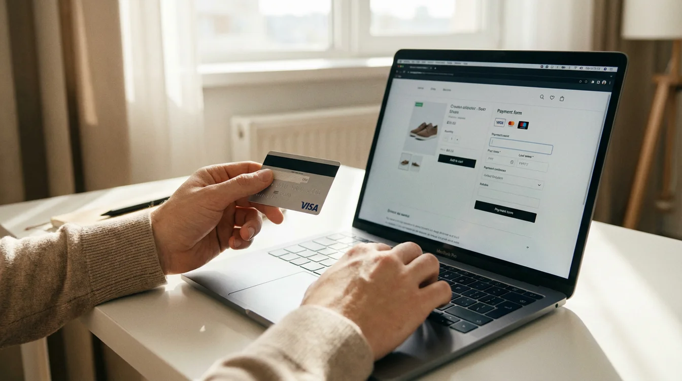 Mãos a segurar um cartão bancário junto a um portátil durante compra online