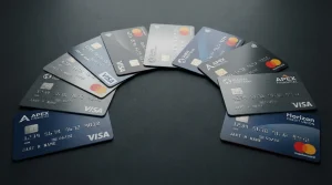 Cartões de débito e crédito Visa e Mastercard sobre uma superfície elegante