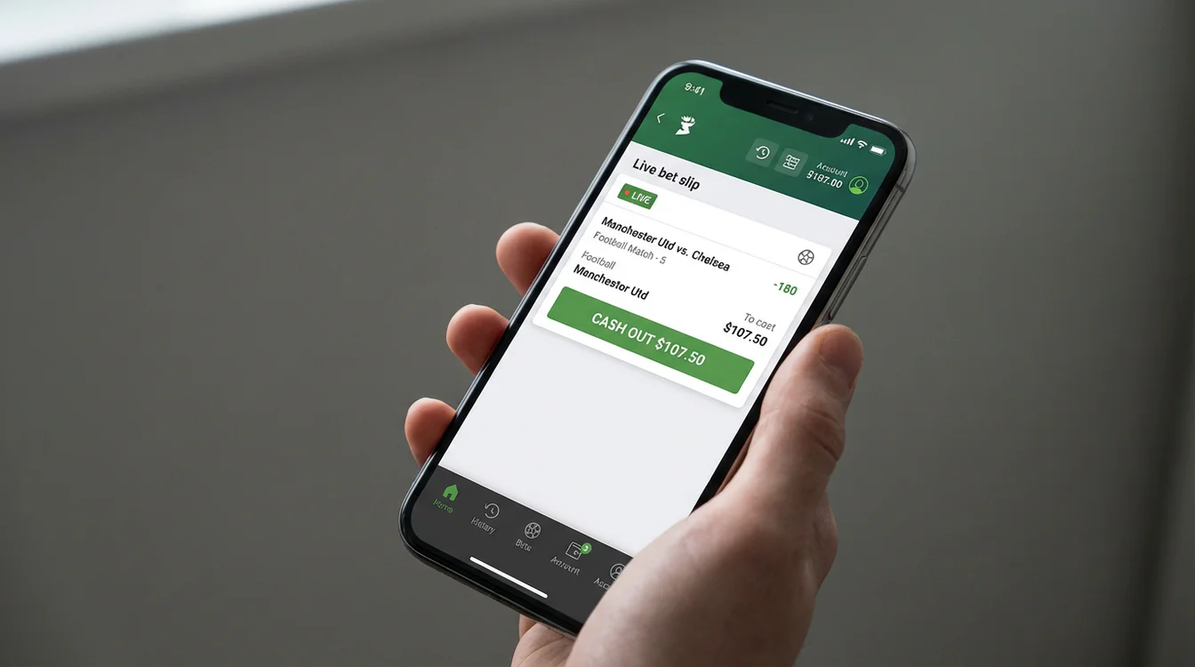 Ecrã de smartphone mostrando opção de cash out numa aposta desportiva
