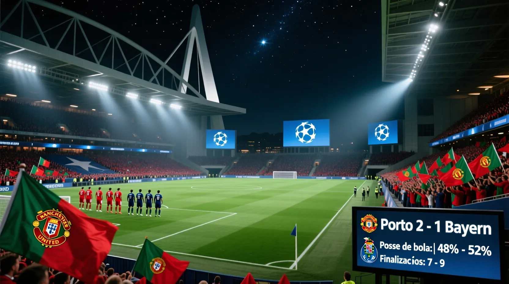 Estádio europeu prestigiado durante jogo noturno da Champions League