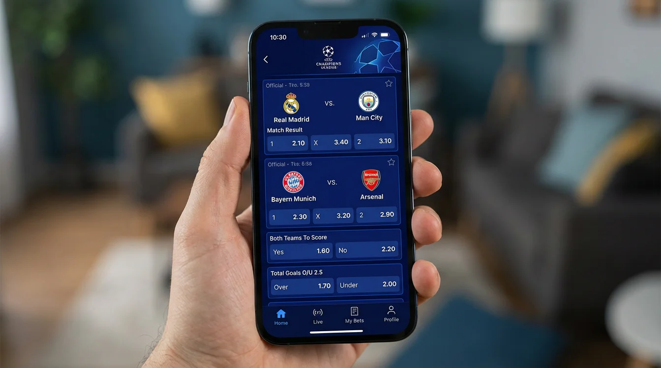 Ecrã de aplicação de apostas mostrando odds e mercados para um jogo de Champions League