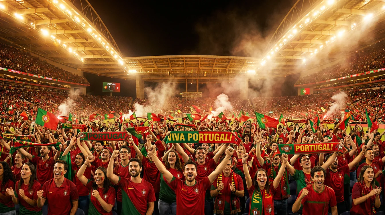 Adeptos portugueses a celebrar num estádio durante um jogo europeu