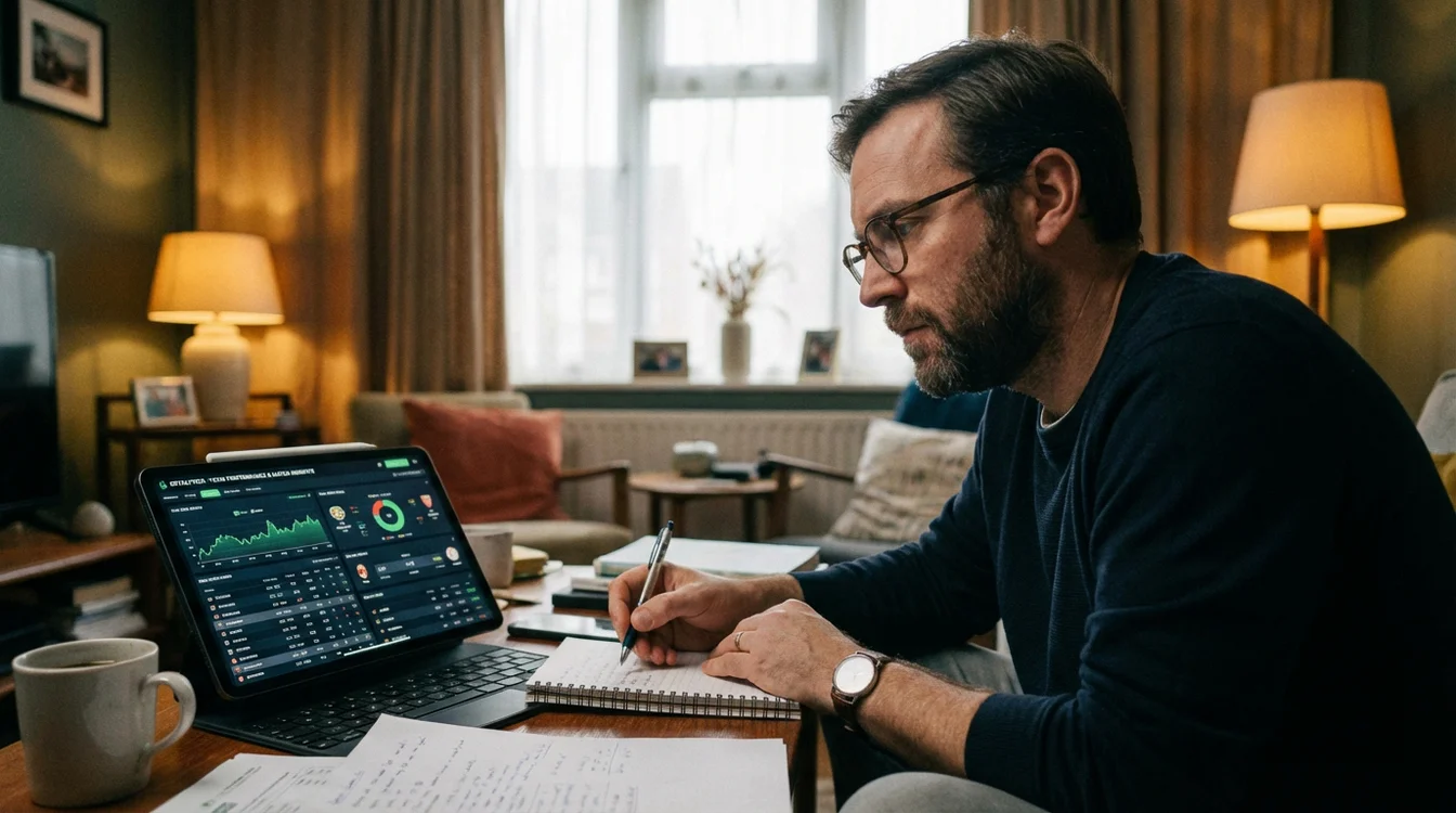 Pessoa a analisar estatísticas de futebol num tablet antes de fazer apostas
