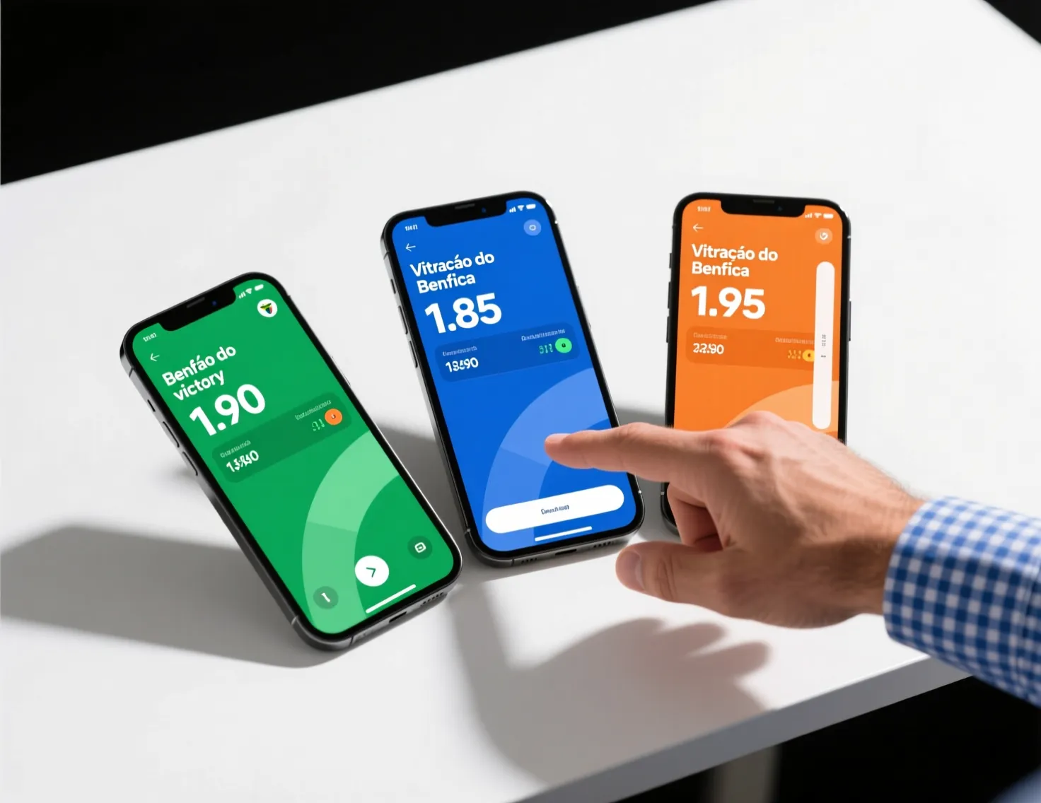 Três smartphones lado a lado mostrando diferentes interfaces de apps de apostas para comparação