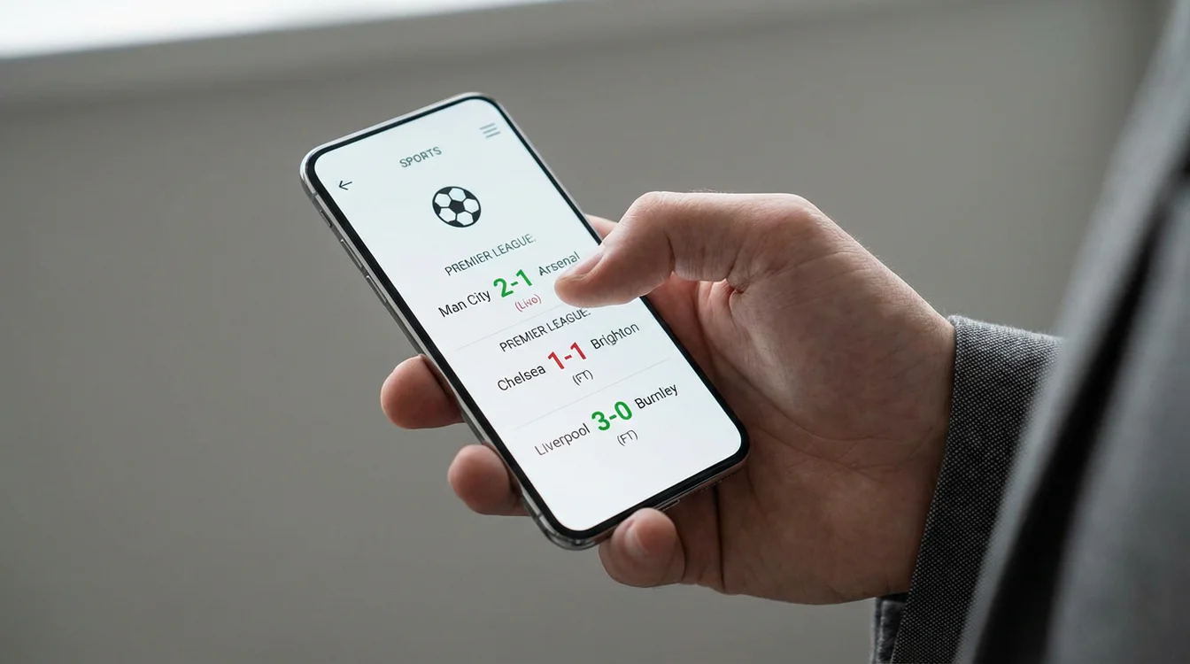 Mão a segurar um smartphone com uma aplicação de apostas desportivas mostrando resultados de futebol