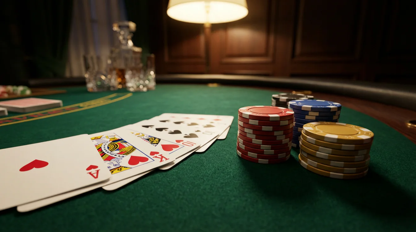 Mesa de casino com cartas de jogo e fichas coloridas dispostas elegantemente