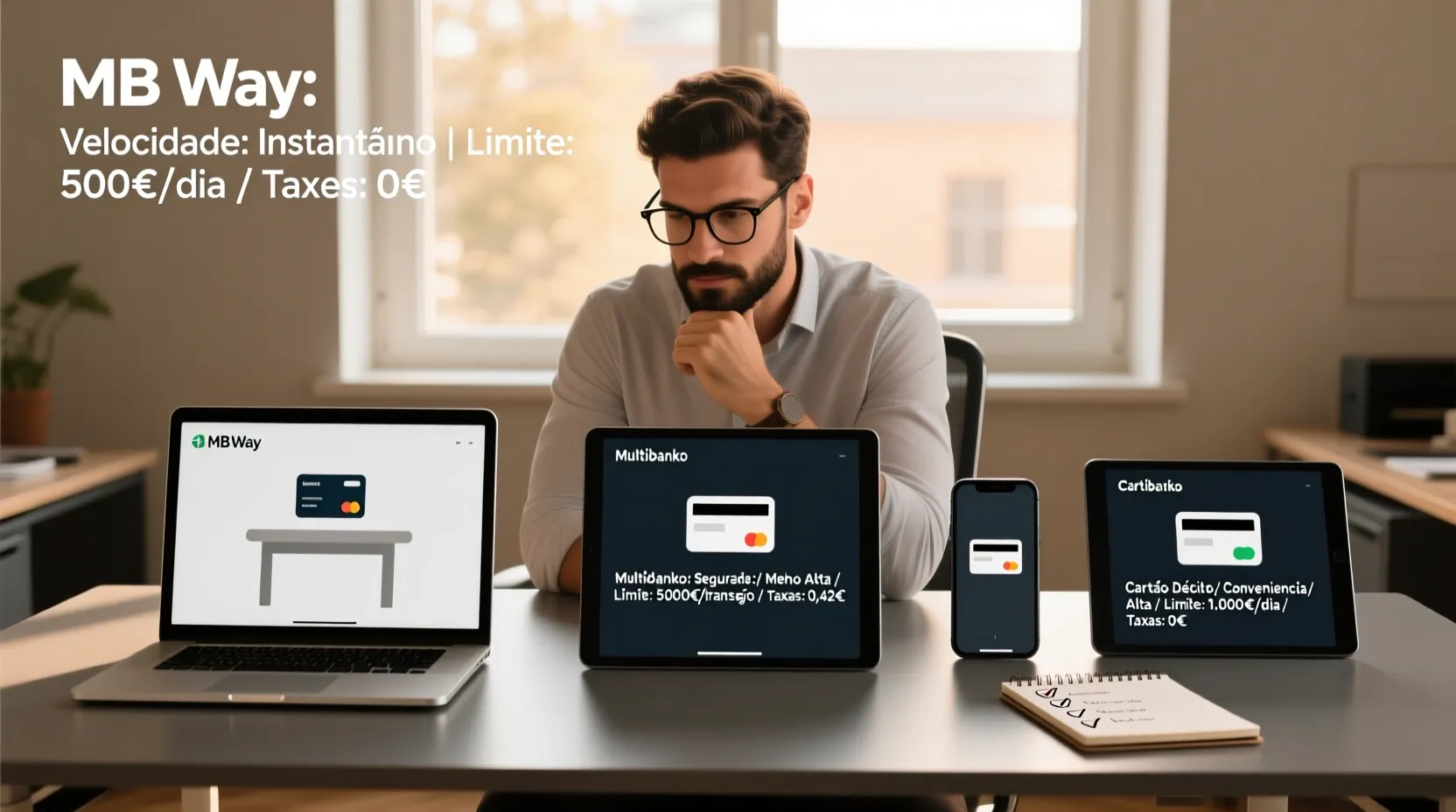 Homem a avaliar diferentes métodos de pagamento em múltiplos dispositivos