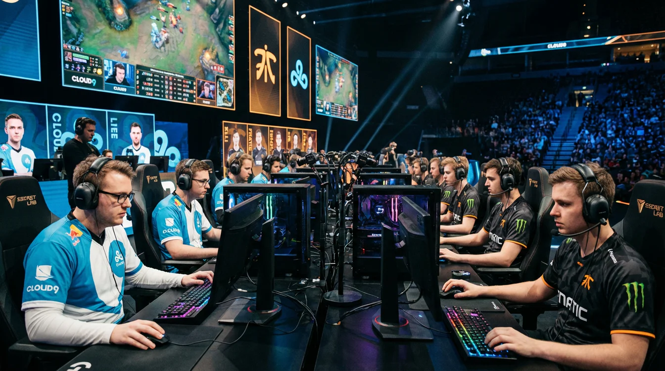 Jogadores profissionais de eSports a competir em computadores durante um torneio