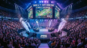 Arena de eSports com ecrãs gigantes e público a assistir a uma competição