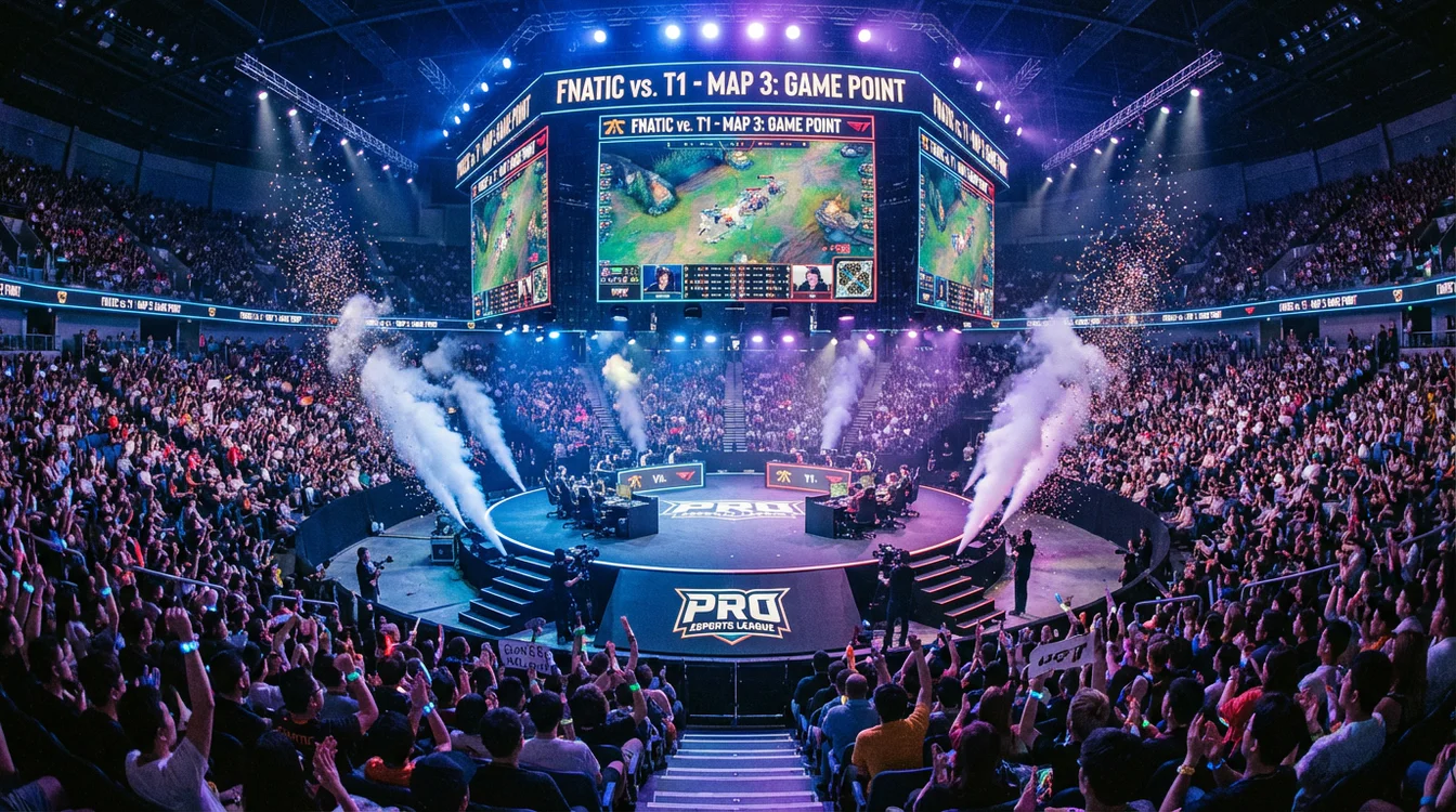 Arena de eSports com ecrãs gigantes e público a assistir a uma competição
