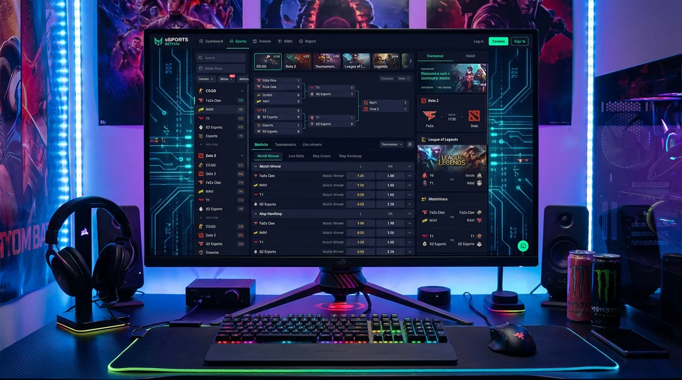 Ecrã de computador mostrando odds e mercados de apostas para torneios de eSports