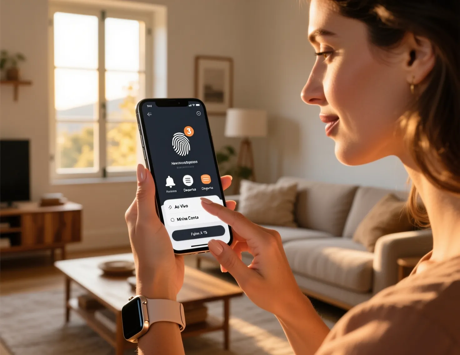 Mãos a interagir com interface de app de apostas num smartphone moderno