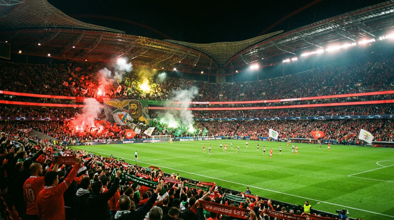 Estádio de futebol português cheio de adeptos durante um jogo nocturno