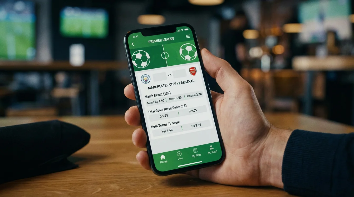 Ecrã de aplicação de apostas mostrando odds e mercados para um jogo de futebol