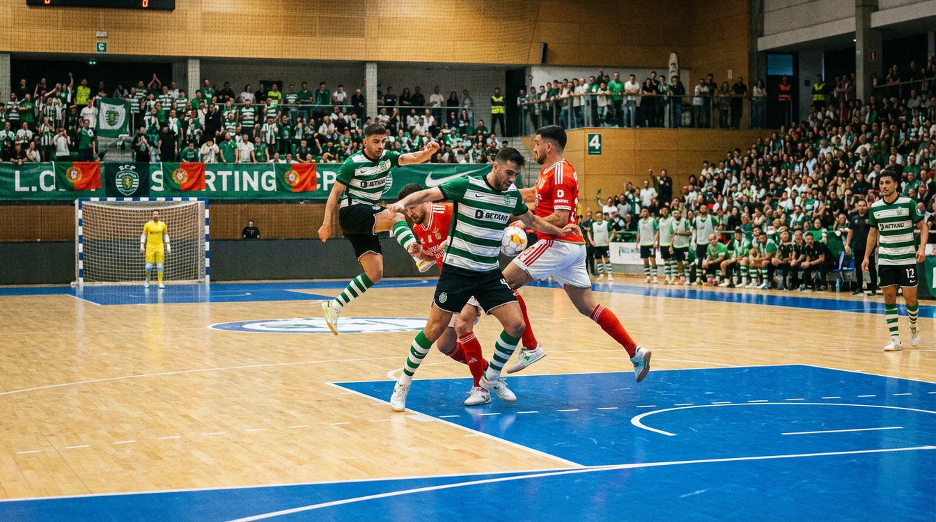 Jogo de futsal profissional com jogadores em acção num pavilhão desportivo