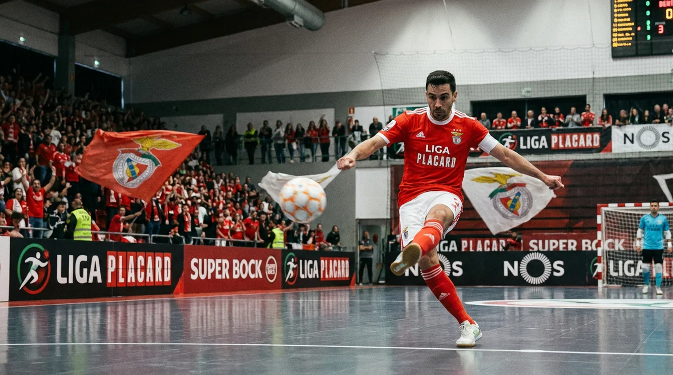 Jogador de futsal a rematar à baliza durante uma partida da Liga Placard