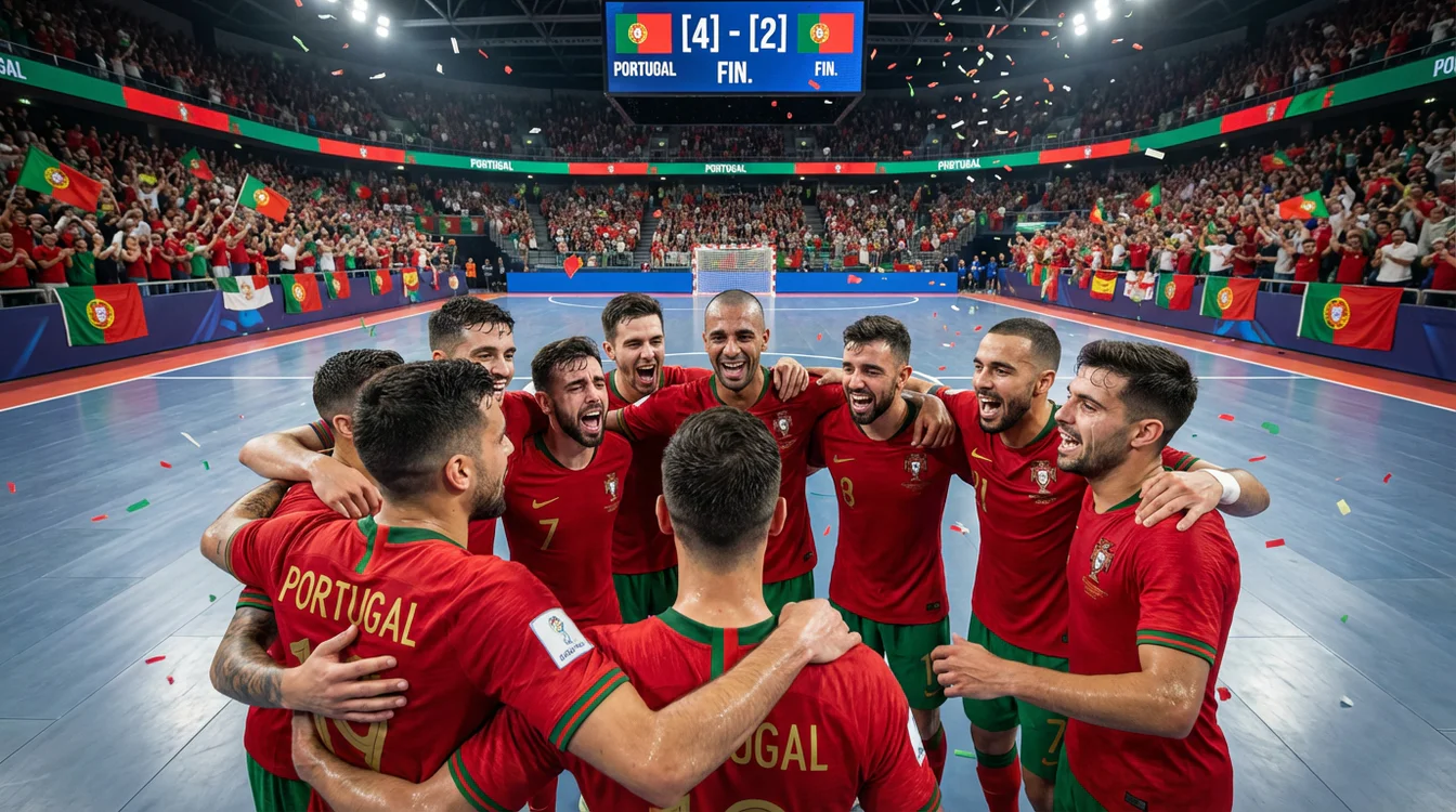 Jogadores da selecção portuguesa de futsal a celebrar uma vitória