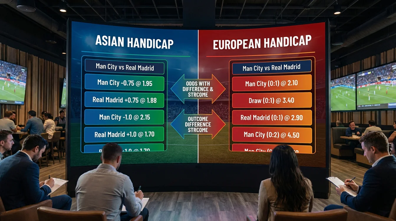 Comparação visual entre handicap asiático e europeu mostrando diferenças de odds