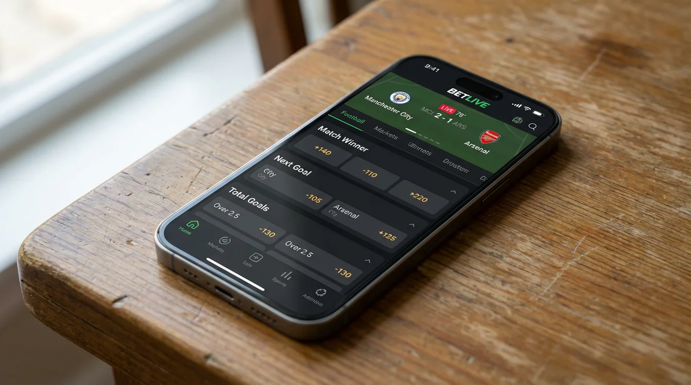 Ecrã de iPhone com interface de apostas desportivas mostrando odds de futebol