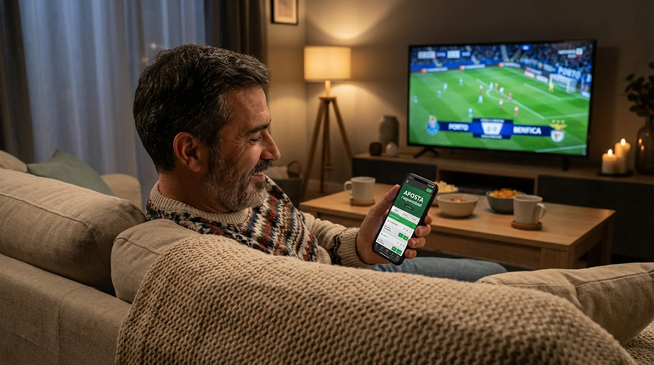 Pessoa a utilizar iPhone para apostas desportivas enquanto assiste a um jogo de futebol na televisão