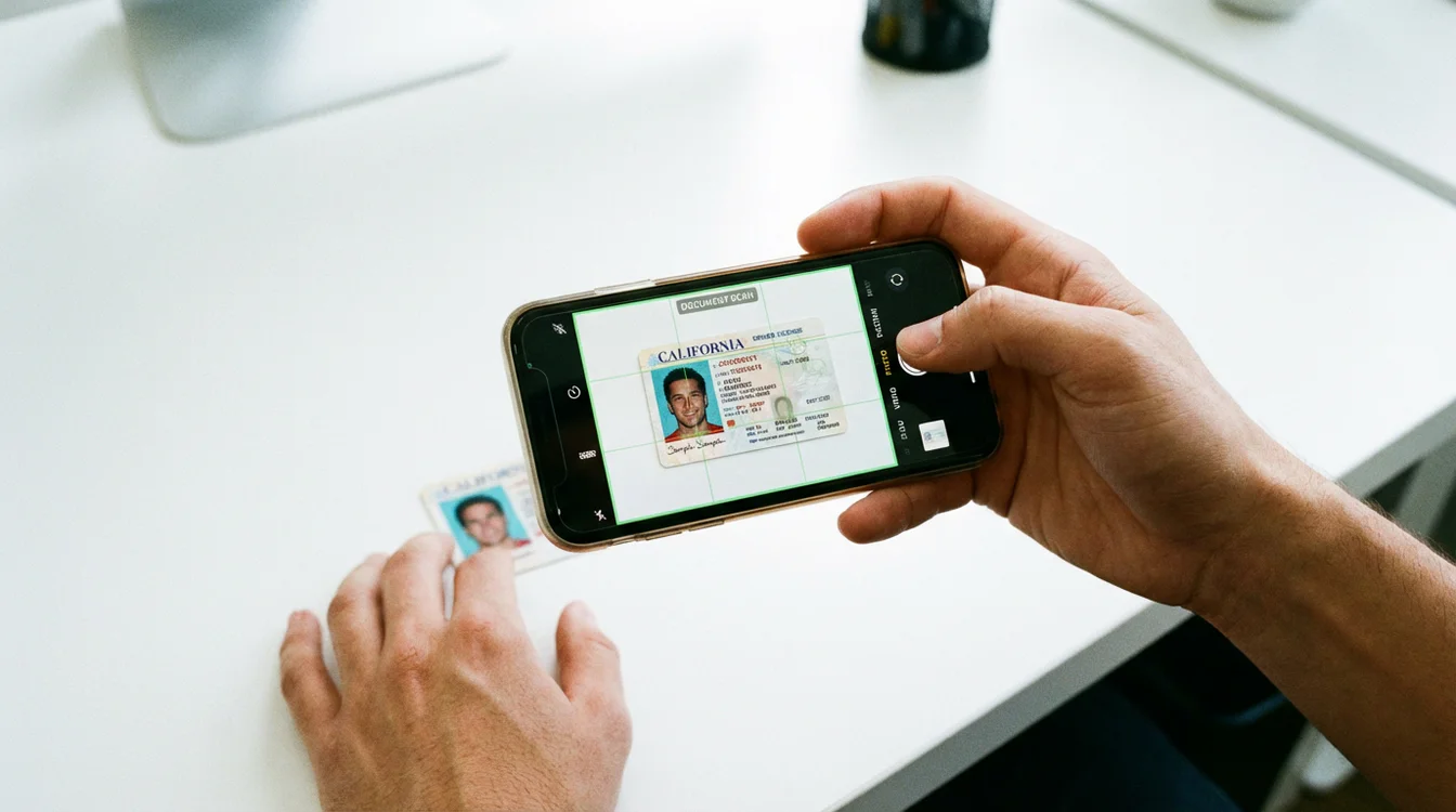 Mãos a fotografar um documento de identificação com telemóvel em boa iluminação