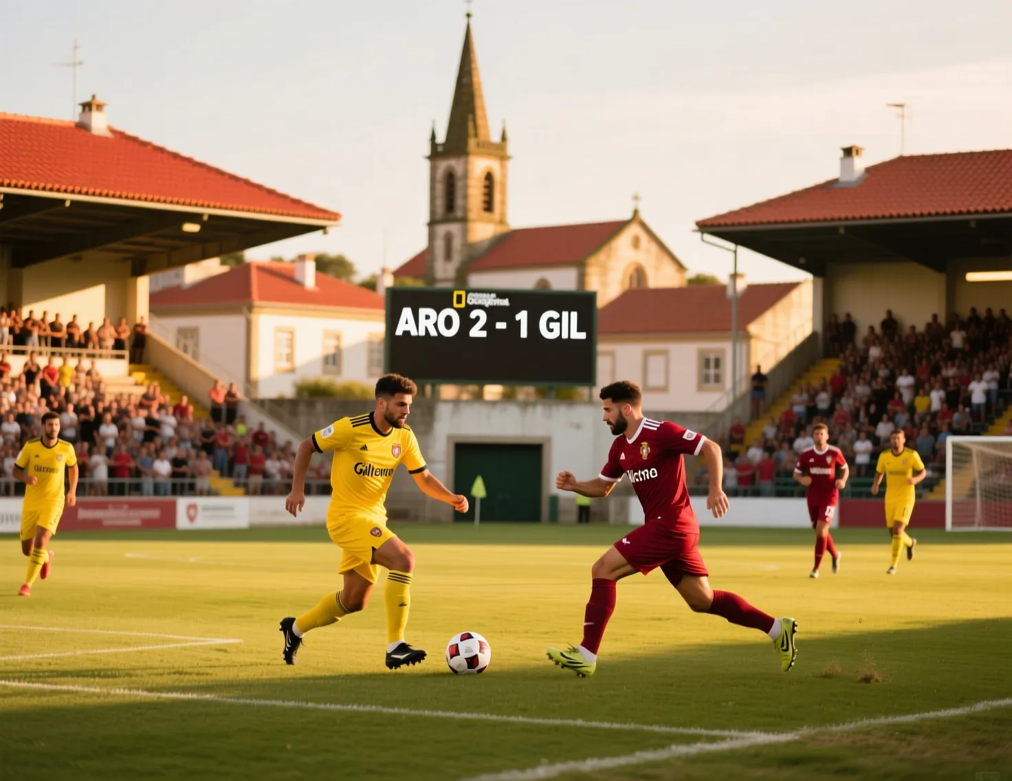 Estádio de futebol português de dimensão média durante jogo diurno