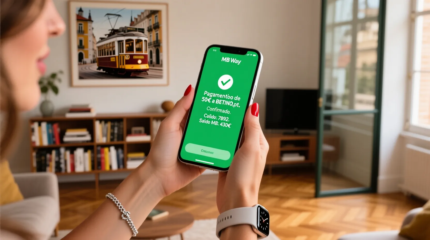 Pessoa a usar MB Way no smartphone para pagamento instantâneo