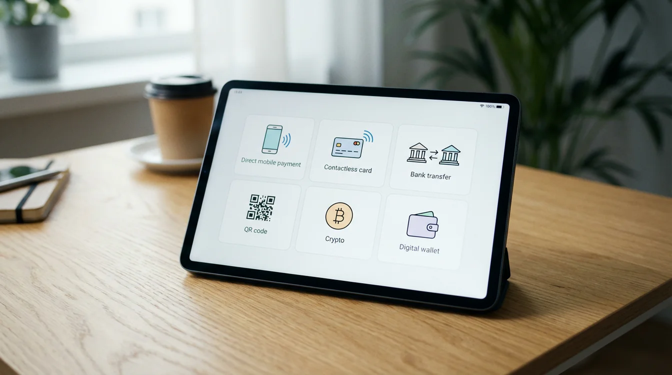 Vários métodos de pagamento digital representados em ícones num ecrã de tablet