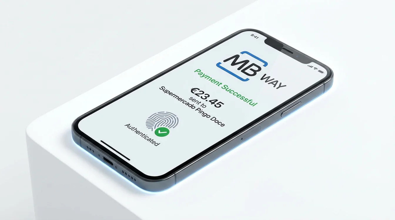 Ecrã de smartphone mostrando confirmação de pagamento MB Way com impressão digital