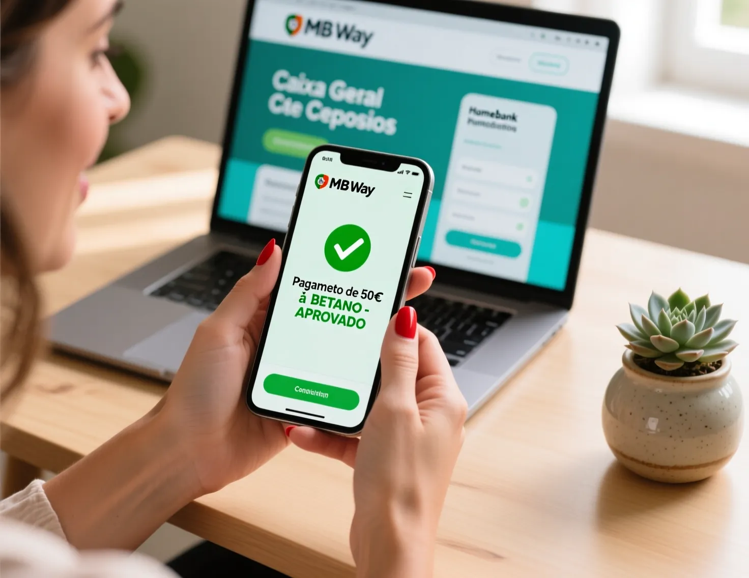 Mãos a segurar smartphone com aplicação MB Way mostrando confirmação de pagamento seguro