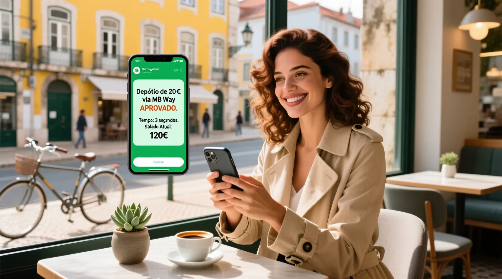 Uma mulher de cabelos cacheados, vestindo um sobretudo bege, sorri enquanto segura um smartphone em um café iluminado. Ao fundo, avistam-se prédios coloridos e uma bicicleta. Uma tela digital exibe uma mensagem sobre um depósito de €20 via Mb Way, aprovado, e mostra um saldo de €120. Um pequeno vaso de planta e uma xícara de café estão sobre a mesa.