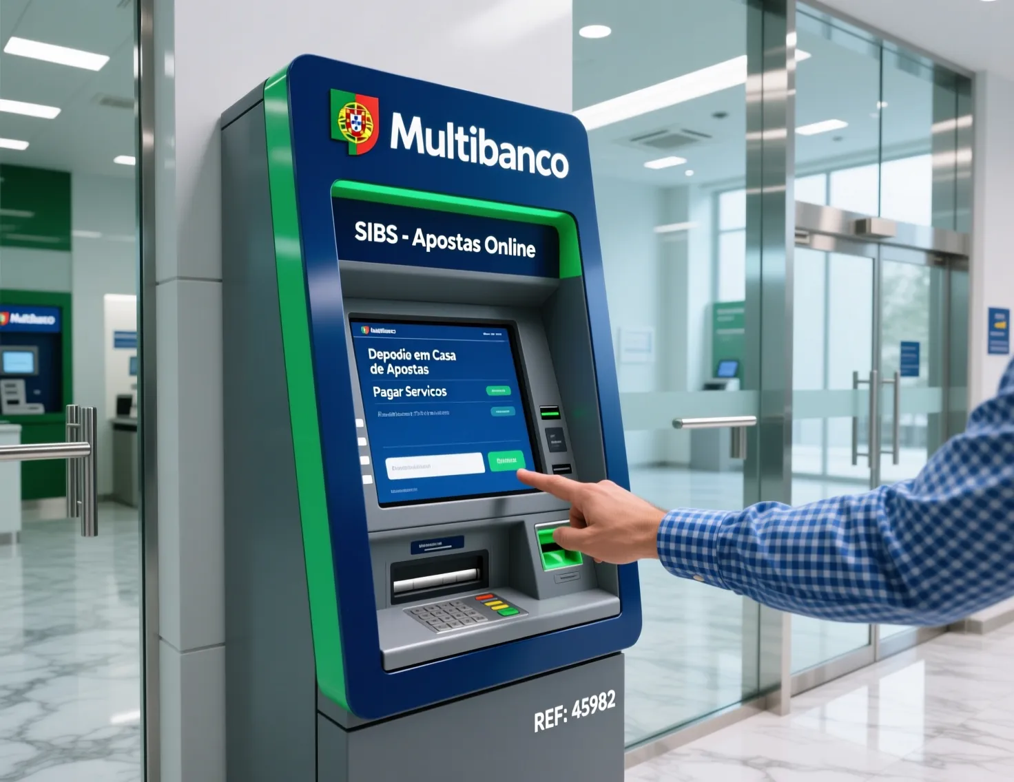 Caixa Multibanco moderna em ambiente bancário português
